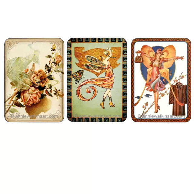 Three single vintage style swap playing cards featuring whimsical fairy ladies