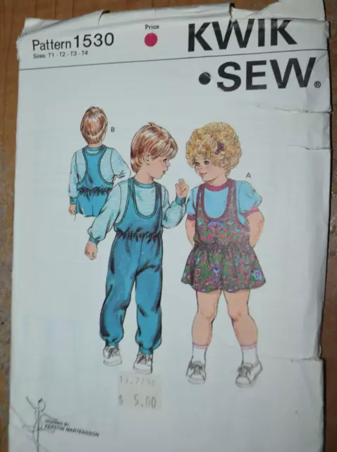 KWIK SEW 1530 TODDLERS JUMPER JUMPSUIT & SHIRT PATTERN Sz 1 2 3 4 Uncut