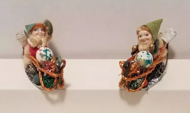 Lot(2) Vintage Rare Christmas Ornaments Japan Pinecone Elf Pixie Gnome Sleigh