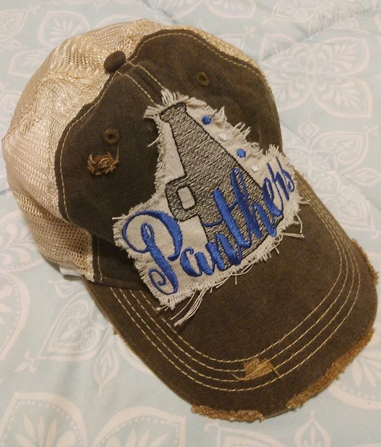Panthers Trucker Hat Distressed Mesh Cap Snap Back Tan Brown Denim Football NFL