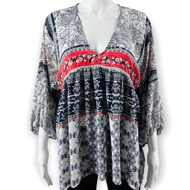 Knox Rose Cottagecore Shirt Size Medium Blue Relaxed Fit Floral Print Peasant