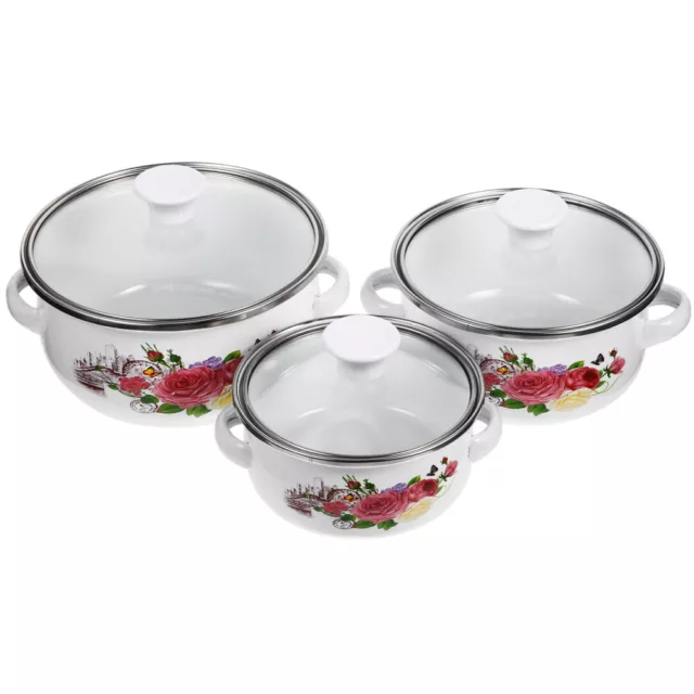 Enamel Stockpot with Lid - Retro Flower Design - 3pcs