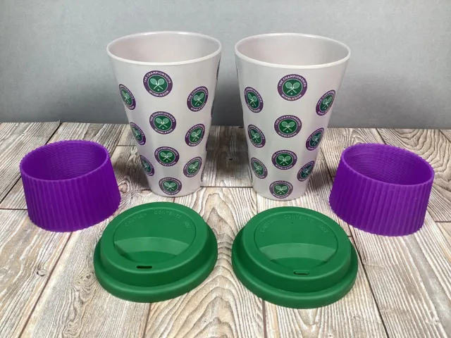 2 x Wimbledon Championship Tennis Reusable Coffee Drink Travel Mug + Lid & Grip