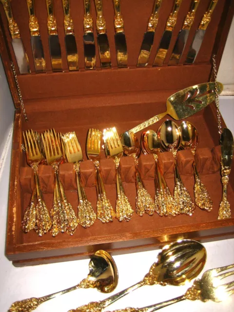 52pc,Vtg.FB Rogers,gold plated flatware,case,chest,rose,serving set,wood box