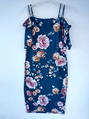 Haute Monde Womens Size XL Bodycon Dress Floral Green Pink Beige Cold Shoulder