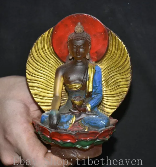 5” Old Chinese Glaze Paintings Buddhism Shakyamuni Amitabha Buddha Statue
