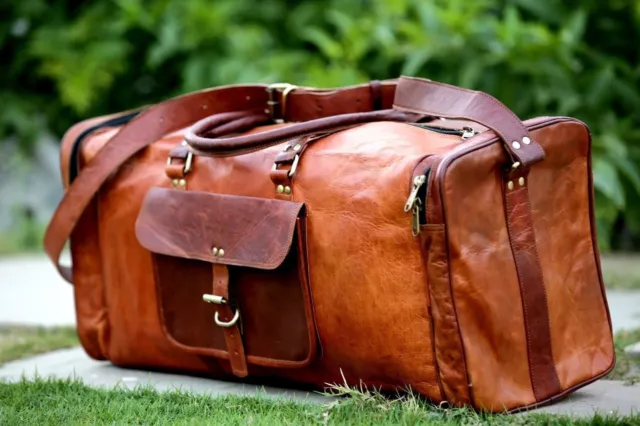 24" Genuine Leather Duffle Bag, Men Overnight Carry-On Travel Luggage Gym