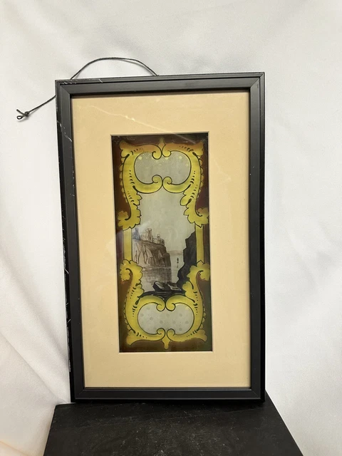 Antique Reverse Painting On Glass Tablet For Clock Part Castle Cliff Framed