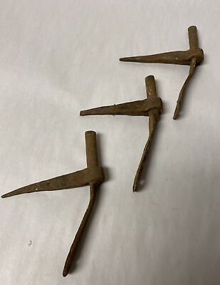 LOT OF 3 LARGER ANTIQUE FORGED WROUGHT IRON SHUTTER DOGS SPIKES STAYS Lot #14