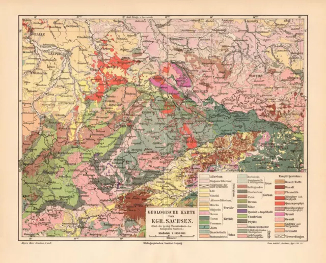 Königreich Sachsen Geologie historische Landkarte Lithographie ca. 1909 antik