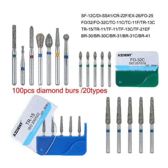 100Pcs/Kit AZDENT Dental Diamond Burs Kit Fit High Speed Handpiece 20 Models