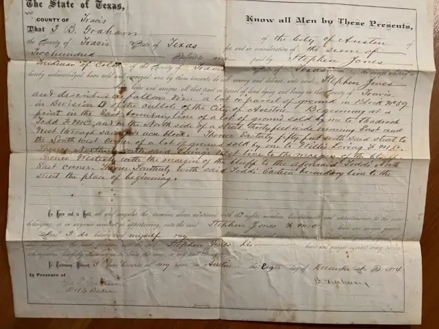1874 Austin, Texas Deed, Land Sold to Freedman of Color