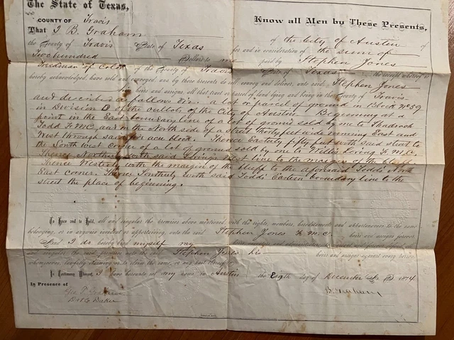 1874 Austin, Texas Deed, Land Sold to Freedman of Color