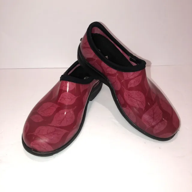 Sloggers Garden Rain Slip On Mules Red With Pinkish Leafs Womens Size US 7