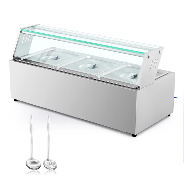 Electric Catering Food Warmer Buffet Server and Warmer w 3 Pans Lids Glass Shelf