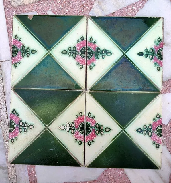 4Pc Antique Majolica Decorative Flower Design Nouveau Architecture Tiles,England