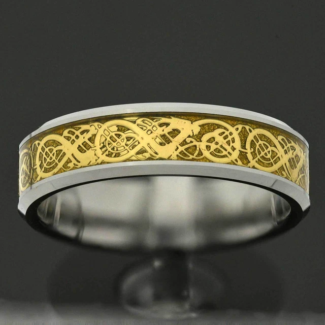 6mm Tungsten Gold IP Dragon Celtic Beveled Jewelry Wedding Ring Engagement Band