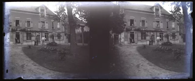 Famille maison c1930 Photo NEGATIVE Plaque Stereo Vintage V36L7n 