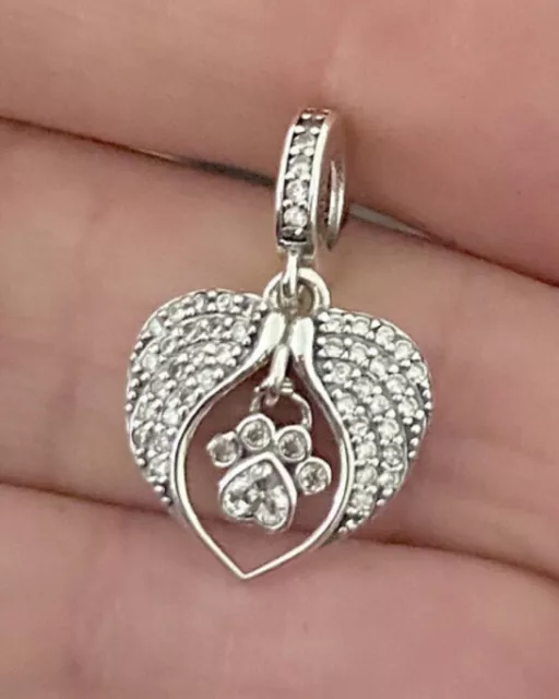 Angel Wing Paw Charm Heart Pendant 925 Sterling Silver Dog Cat Pet Loss