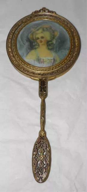 Antique 19th Century FRENCH GILT BRONZE Beveled Glass HP PORTRAIT Hand Mirror