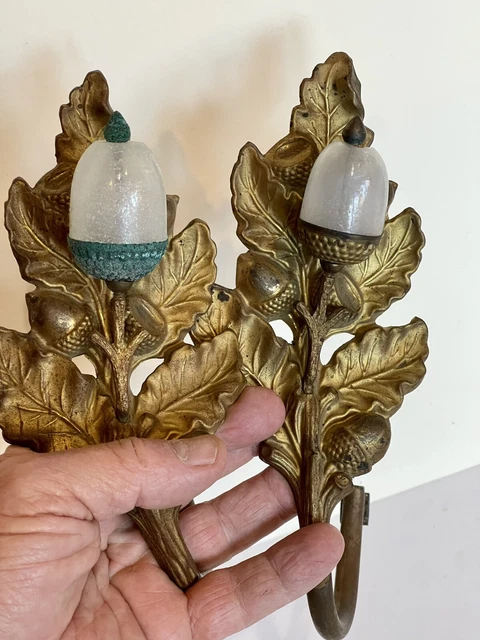 PAIR Rare Antique Victorian Glass Acorn Gilt Brass Curtain Drapery Tie Back 5