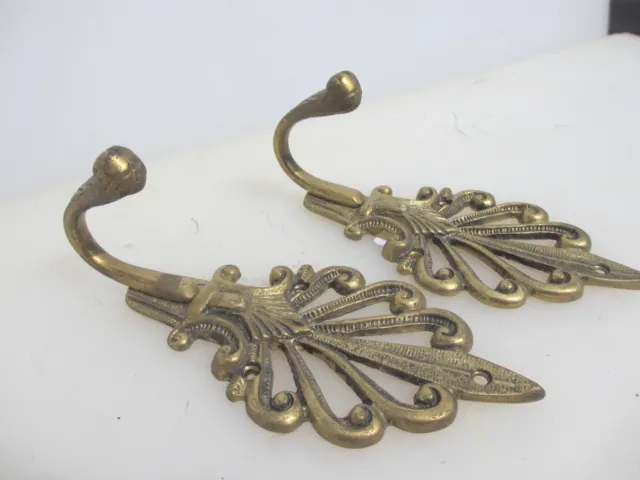 Vintage Brass Coat Hooks Hat Hangers French Rococo Old Gilt Antique Fan x2