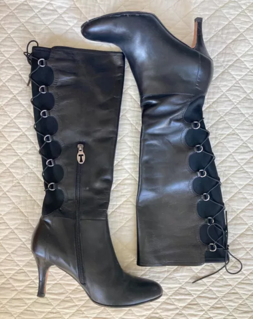 TARYN ROSE Black Calf knee-high Boots with stretch back panel and laces Sz 7