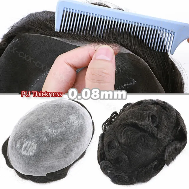 Mens 100% Human Hair Replacement Ultra Thin Skin Toupee Hairpieces PU System Wig