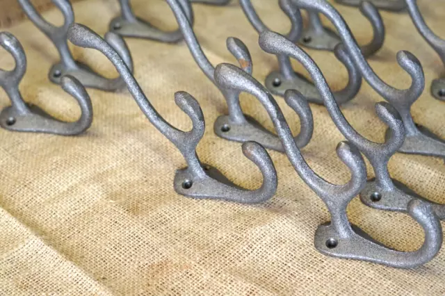 15 Cast Iron TRIPLE SCHOOL Style Coat Hooks Hat Hook Rack Hall Tree Tack Farm