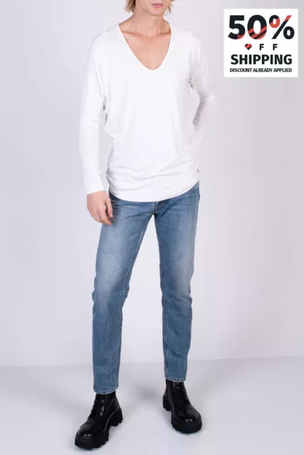 RRP €190 RANDOM IDENTITIES Drapey V-Neck T-Shirt Size L White Raglan Long Sleeve