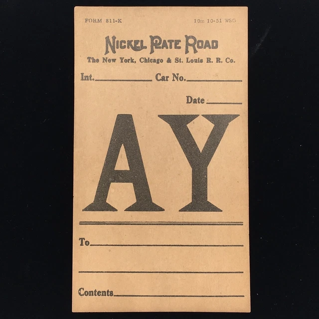 Nickel Plate Road Cargo Freight Tag New York Chicago & St Louis R. R. Co. JM
