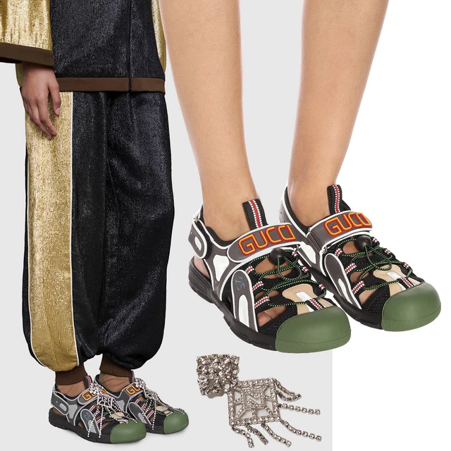 GUCCI SHOES TINSEL LEATHER MESH CRYSTAL BROOCH SANDALS $1,250 sz 36G 6