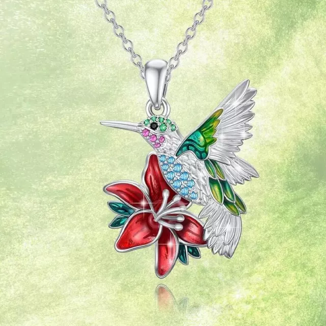 Fashion Women Delicate Hummingbird Red Flower Bird Pendant Necklace Gift Trendy