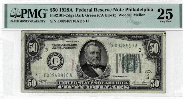 1928A $50 Federal Reserve note-fr. 2101-Cdgs (Philly) PMG VF25--Gold on Demand!