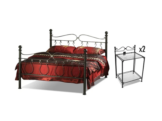 Ensemble lit 180 x 200 cm + 2 tables de chevet - Métal façon fer forgé - MARQUIS