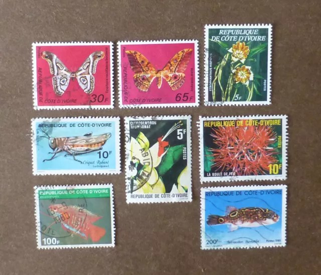 Francobolli Costa d'Avorio / Costa d'Avorio. 8 pezzi, senza carta, anni 1970-80