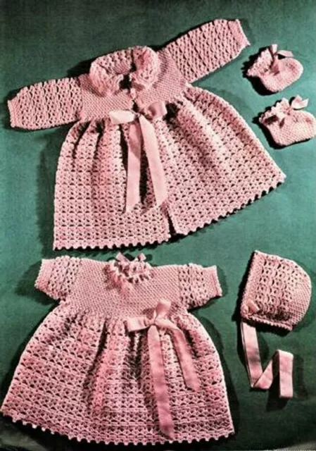 Baby Crochet Pattern Copy Dress Matinee Jacket Bonnet Booties