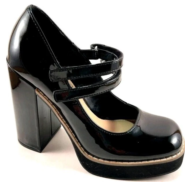 STEVE MADDEN TWICE Black Patent Chunky High Heel Platform Mary Jane