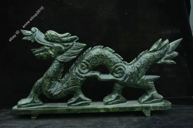 15'' China 100% DuShan Green Jade Jadeite Carved Lucky Dragon loong Sculpture