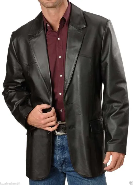 Men's Genuine Soft Lambskin Leather Blazer Jacket Black TWO BUTTON Classic Coat