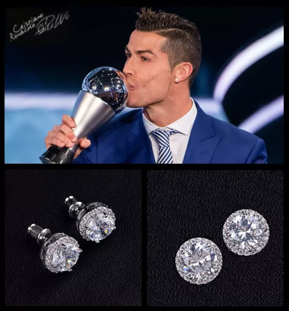 Mens Ronaldo Oversized BLING 10mm 18ct White Gold Plate Cubic Zirconia Earrings