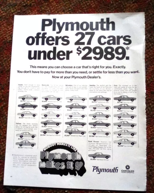 1971 Plymouth Duster Barracuda Belvedere Satellite Fury Print Ad 10.5 x 13.25