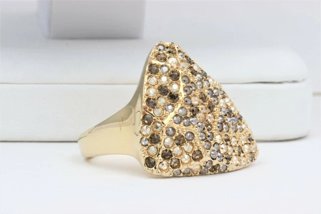 Gorgeous Retired Swarovski Swan Logo Multicolor Pave Crystal Ring Sz 8 Gold Tone