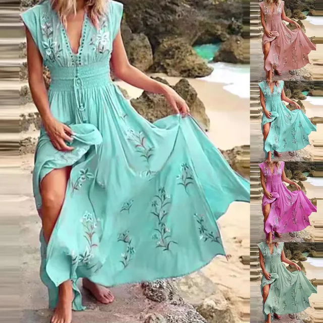 Womens Boho Floral Maxi Dress Ladies V Neck Summer Beach Holiday Long Sundress