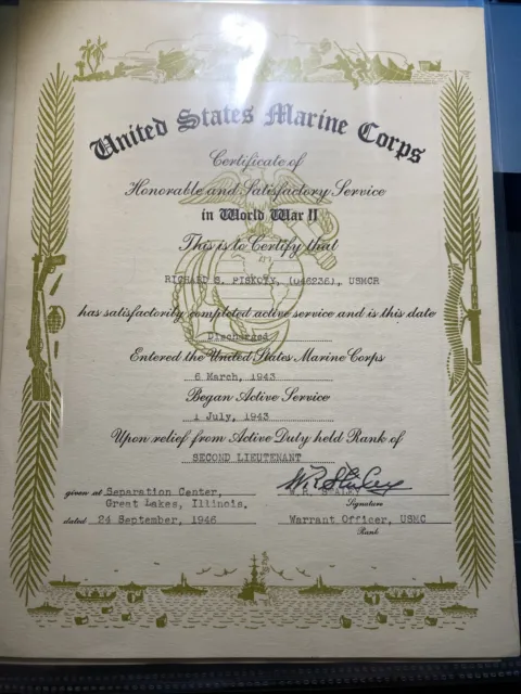 WW2 US Marine Corps Officer Honorable Service Document