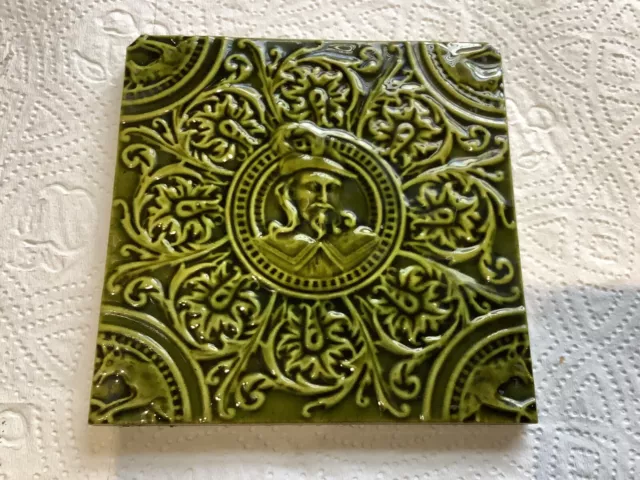 A Lovely Antique Victorian Green Glazed Embossed / Relief Tile Of A “ Cavalier “