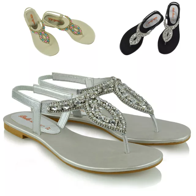 Womens Flat Slingback Sandals Diamante Toe Post Ladies Strappy T Bar Shoes Size