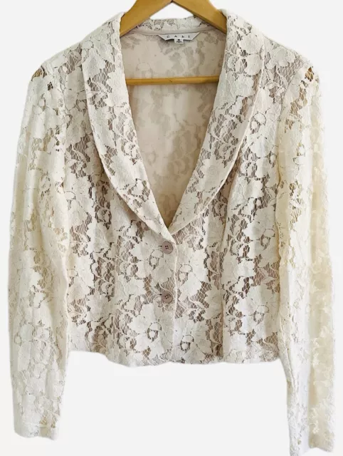 CAbi Ivory Floral Lace Jacket 2-Button Partially Lined Shawl Collar Blazer Sz 6