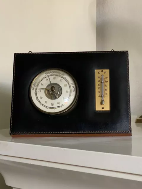 Altes Barometer, Vintage Wetterstation, Wandbarometer, Messing, "Leder"  60-70er 3