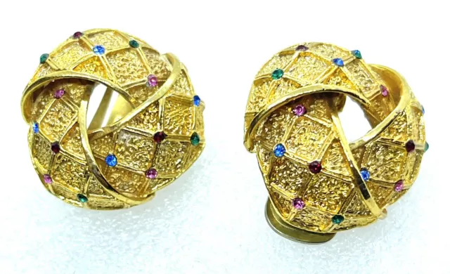 Vintage Gold Tone Multi Color Crystal Textured Knot Clip Earrings